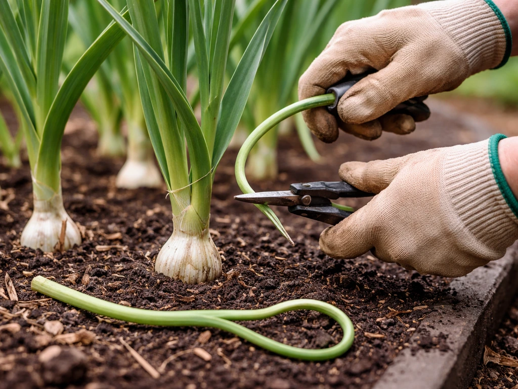 Gloved hands removing a garlic scape beside lush green garlic leaves in a garden bed