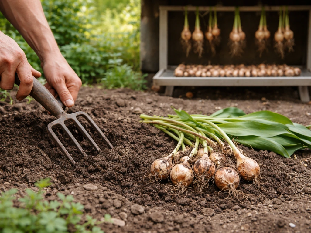 Hands lift tulip bulbs with a garden fork; bulbs curing in a shaded ventilated space.