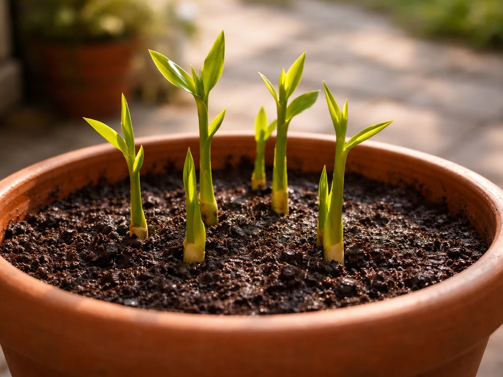 Healthy ginger shoots growing in a large pot on a sunny Minnesota patio/window.