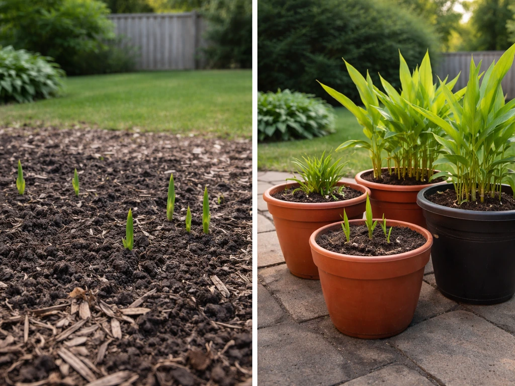Minnesota yard ground vs warm container pots side-by-side, showing controlled soil warmth for ginger