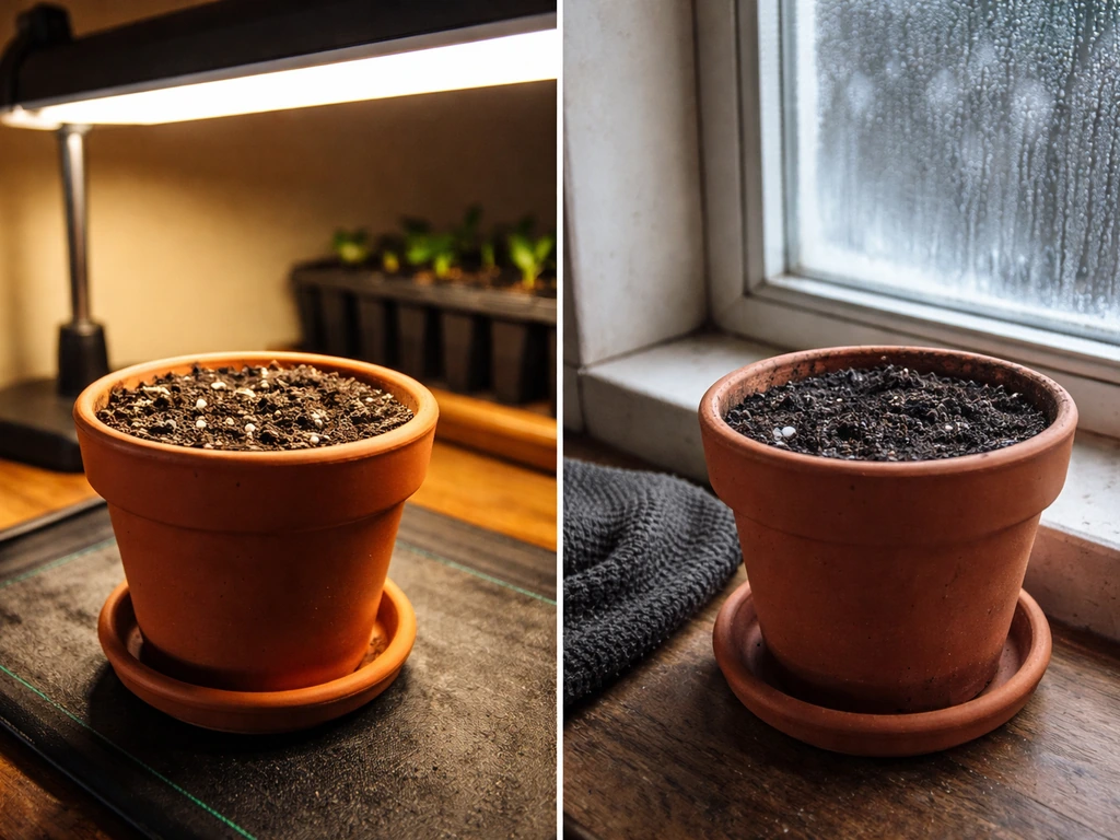 Split view of warm seed-starting setup vs a chilly cold spot near a window for container plants.