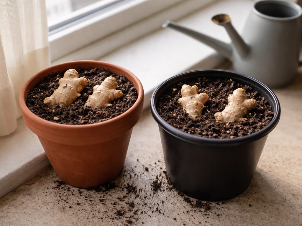 Ginger rhizomes planted in small pots on a warm windowsill during late winter, early spring.