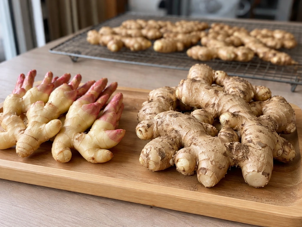 Close-up of freshly harvested baby and mature ginger rhizomes with a simple drying rack nearby.