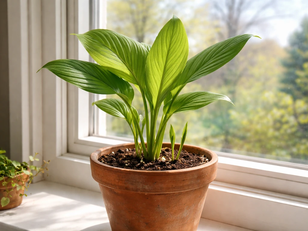 Healthy turmeric plant in a pot by a bright window with a subtle cool spring outdoor backdrop.