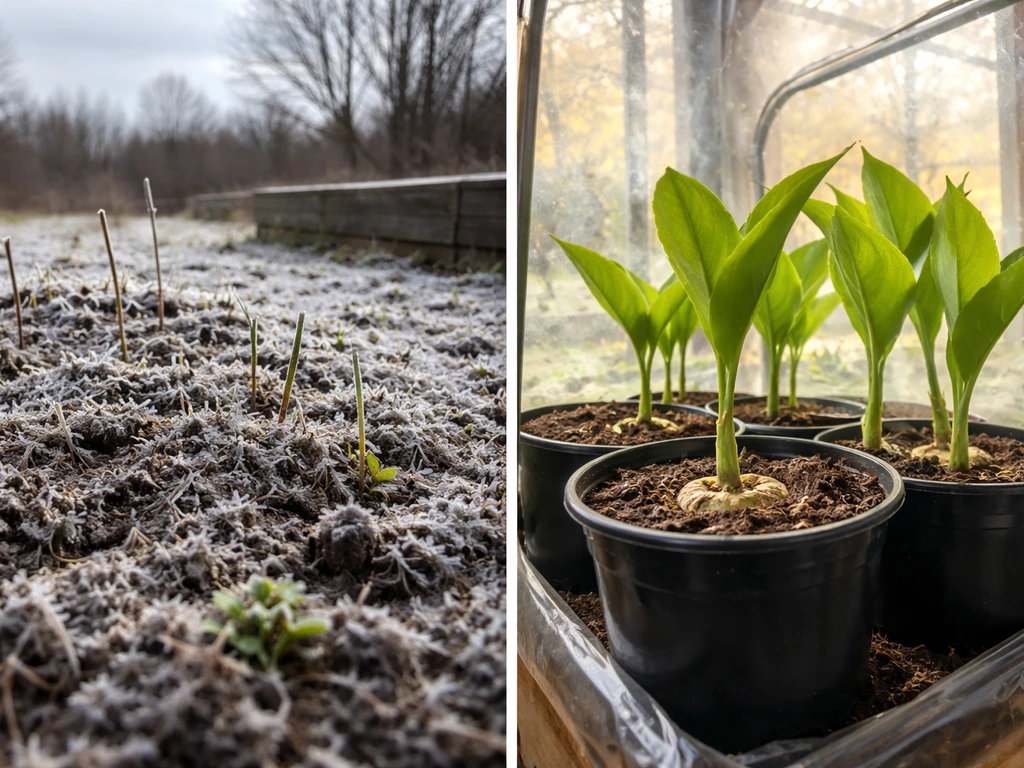 Split view of frosty Michigan garden soil versus a warm indoor greenhouse with turmeric seedlings growing.
