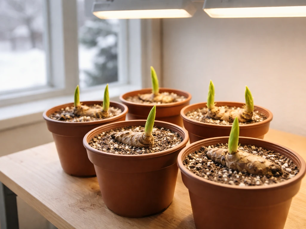 Turmeric rhizomes sprouting in small pots under grow lights in a bright indoor corner