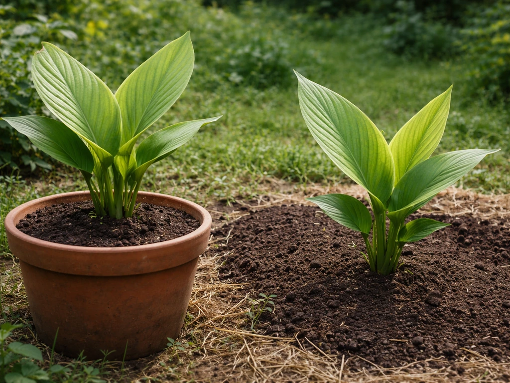 Turmeric growing side-by-side in a large pot and in a prepared bed in a Michigan garden.