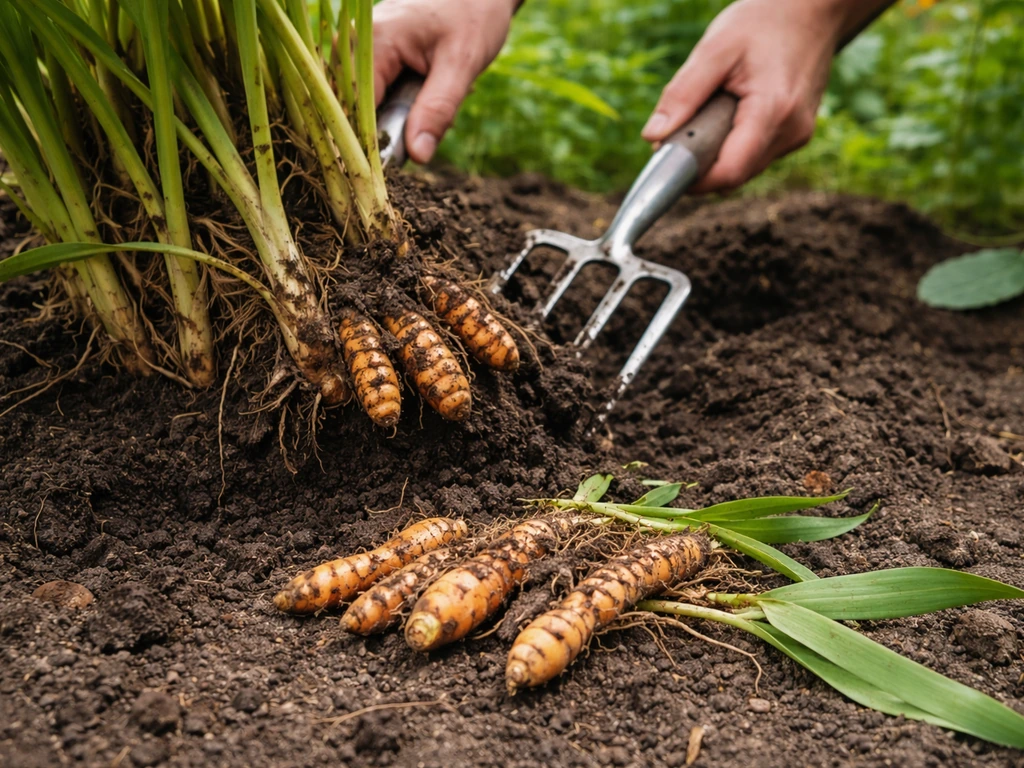 Gardener lifts turmeric rhizomes with a fork from soil in a Michigan garden, rhizomes visible nearby.
