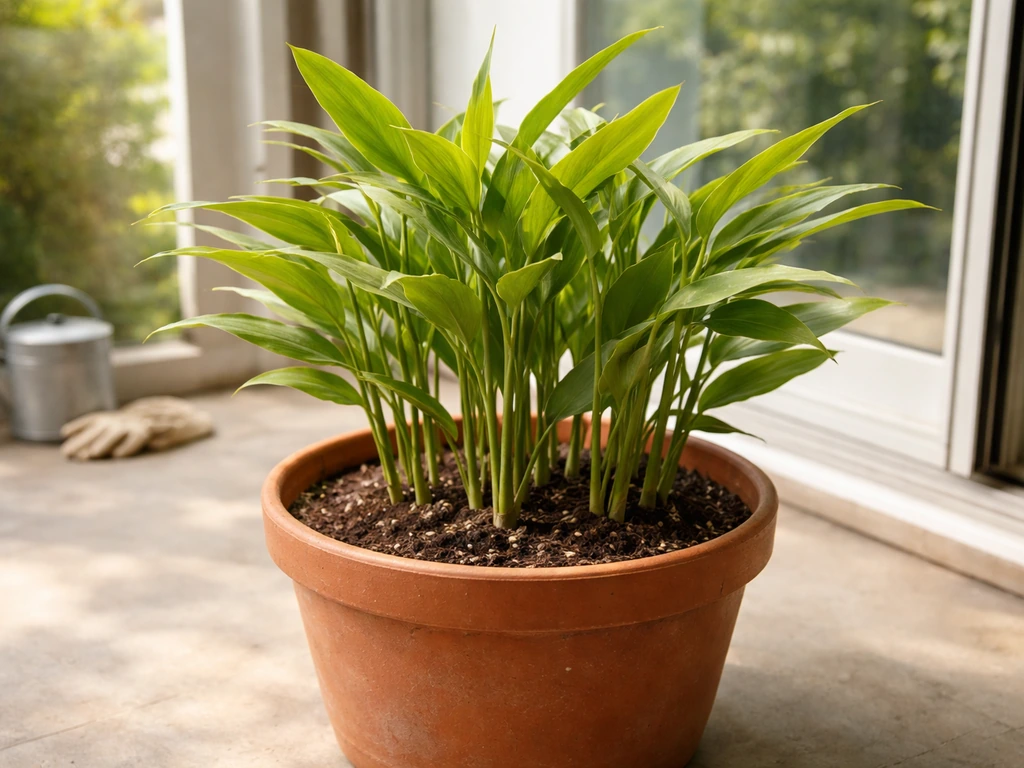 Lush green ginger growing in a large pot on a sunny patio near a window in Indiana-like conditions.