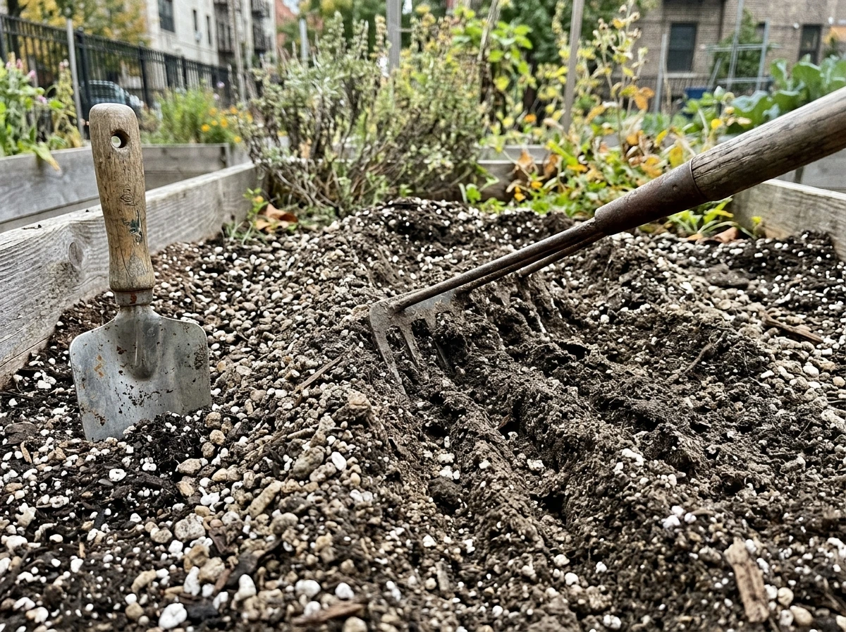 Closeup of soil amended for drainage around saffron corm bed