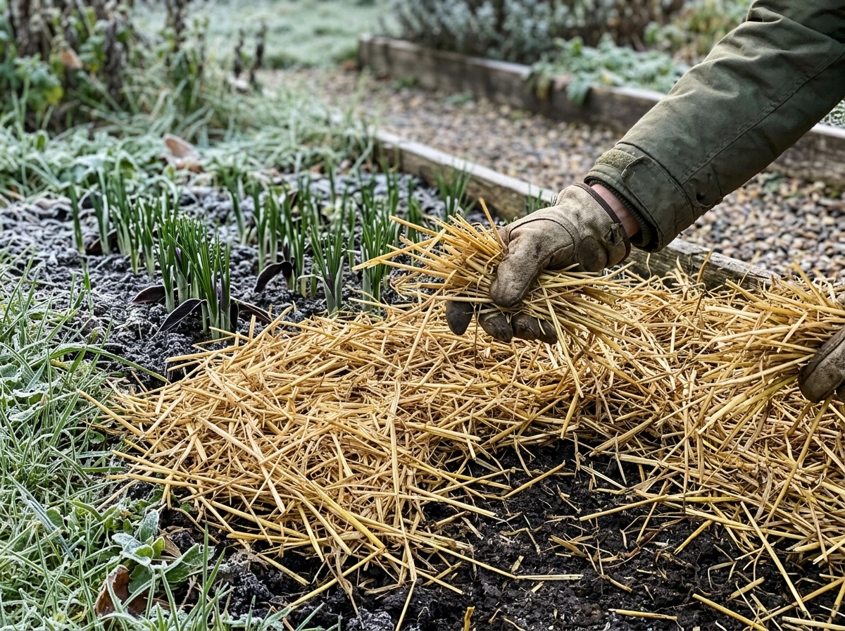 Straw mulch applied over saffron corms after ground cools for winter