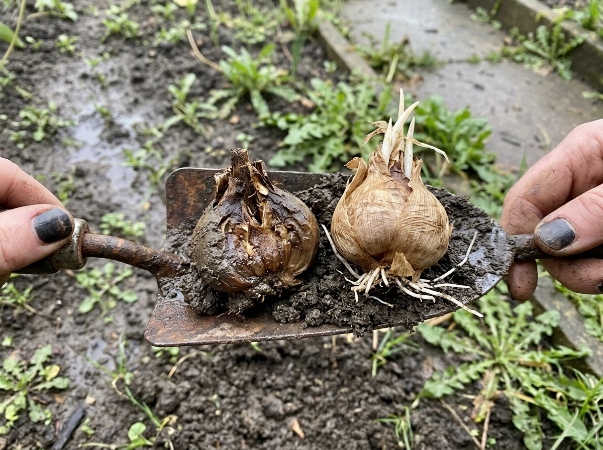 Rotting saffron corm signs in waterlogged soil next to healthier corms