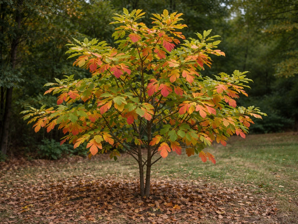 Season-authentic sassafras tree with distinctive leaves in an eastern U.S. yard setting.