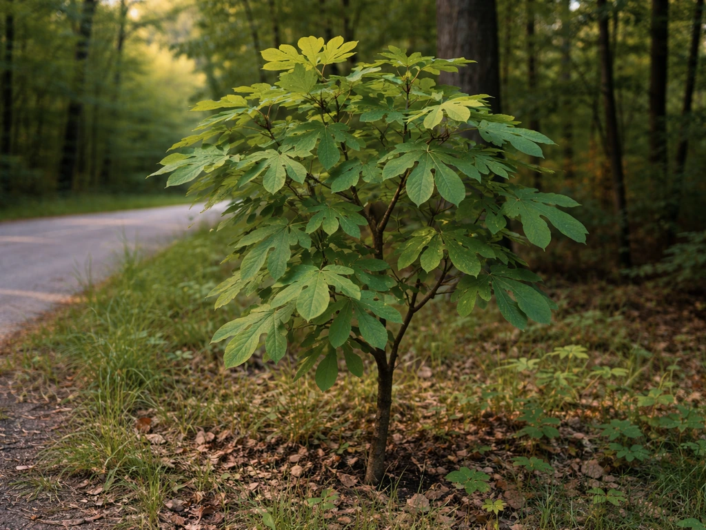 Sassafras albidum tree in an eastern North America woodland, showing distinctive diagnostic leaf shapes