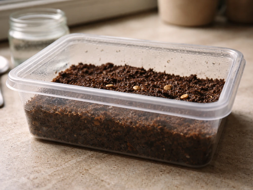 Clear container with moist seed-starting medium and a few seeds for cold stratification on a counter.