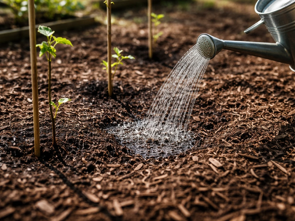 Well-mulched garden bed with water being poured onto soil from a watering can.