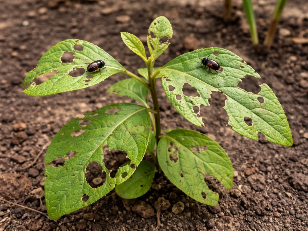 Close-up of a sassafras sapling with leaves damaged by chewing insects and a beetle on the foliage.