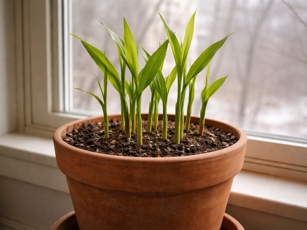 Lush ginger shoots emerging from a large pot indoors by a bright window, suggesting winter container growing.