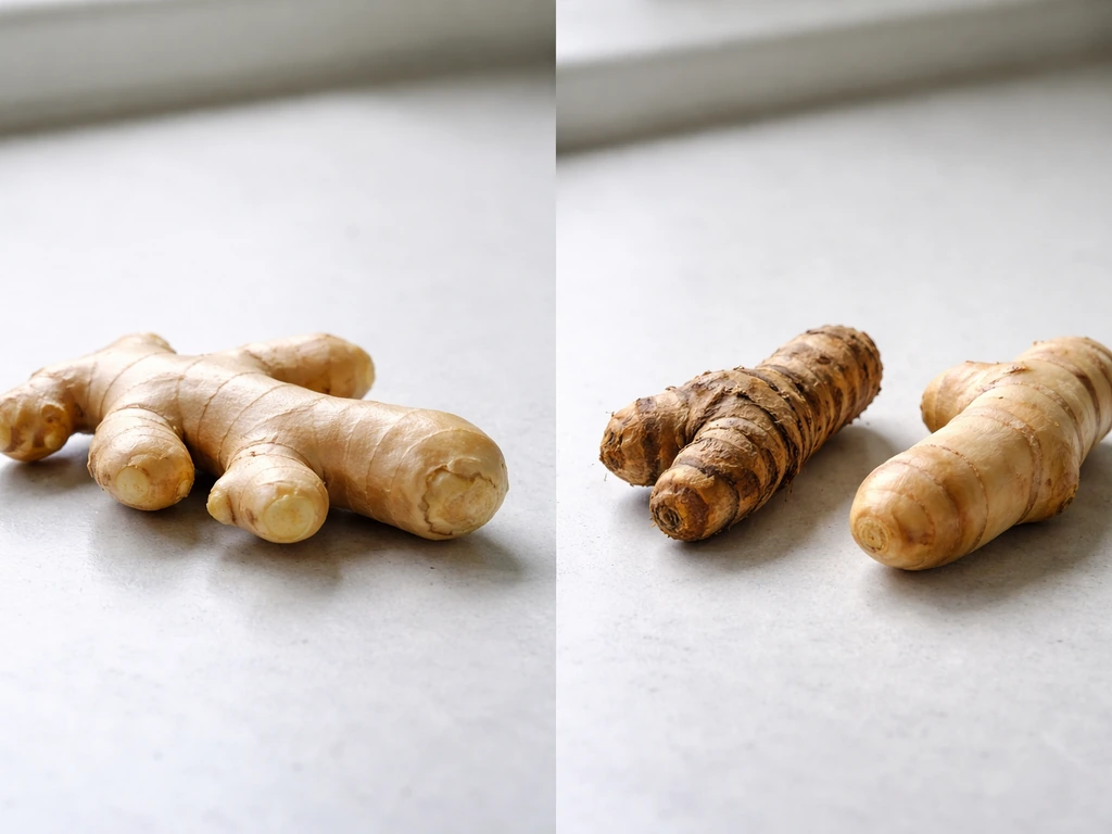 Fresh culinary ginger rhizomes beside similar root lookalikes on a kitchen counter in natural light.