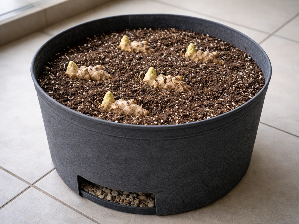 Close-up of a 10-gallon pot with ginger-friendly soil, drainage gravel, and rhizome segments laid out for planting.