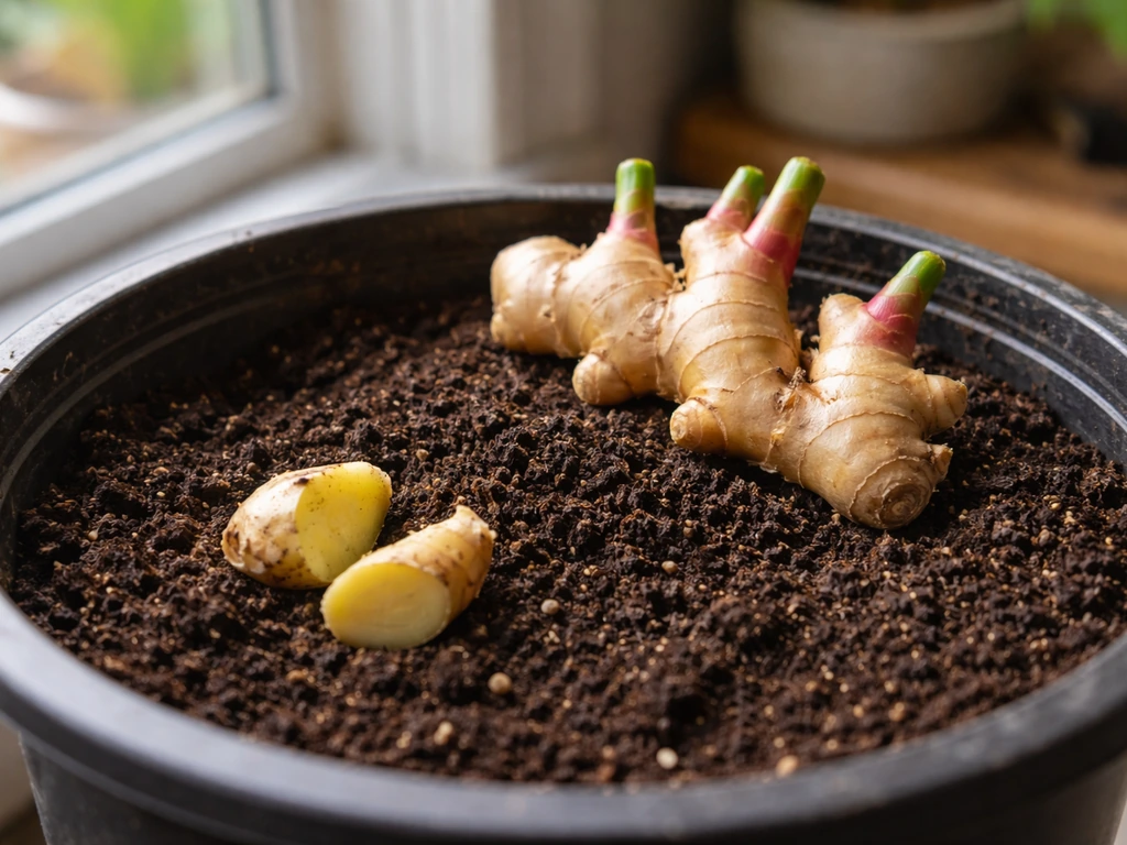 Fresh ginger rhizomes dug from a container with soil shaken off, plus small healthy pieces for saving.