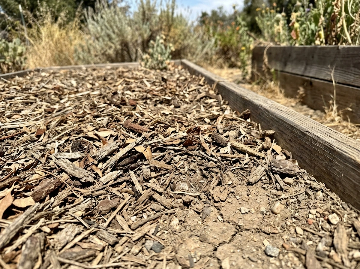 Dry summer dormancy bed in Southern California showing mulch and no foliage on the saffron site