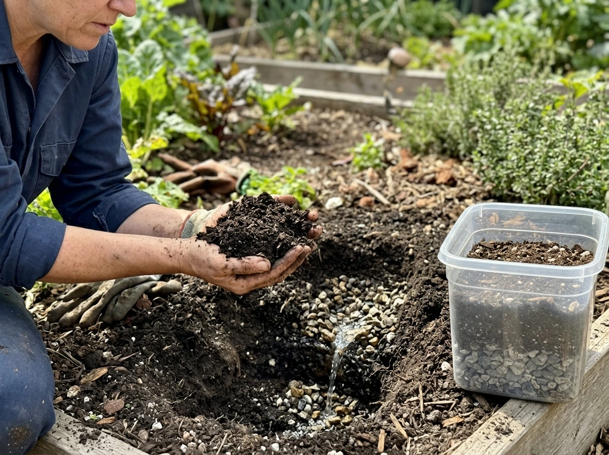 Hand inspecting crumbly amended soil while a drainage test shows water moving through gravel