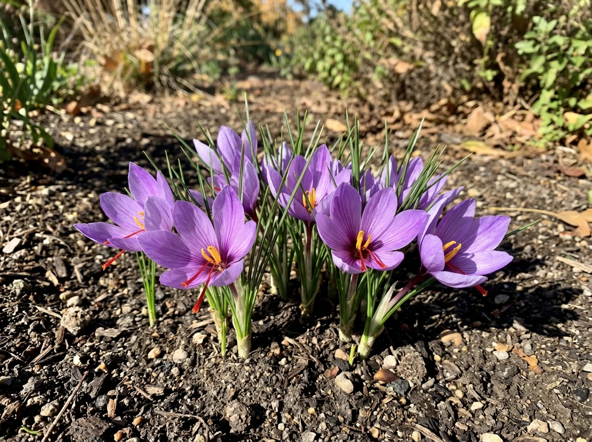 Saffron crocuses blooming in full sun with visible purple flowers and red-orange stigmas
