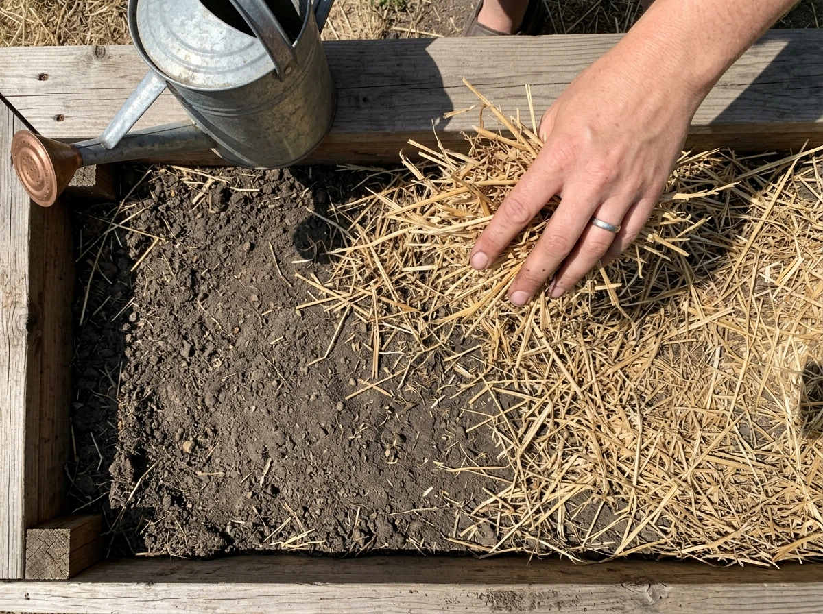 Summer dormancy saffron bed covered with a thin mulch layer; watering avoided