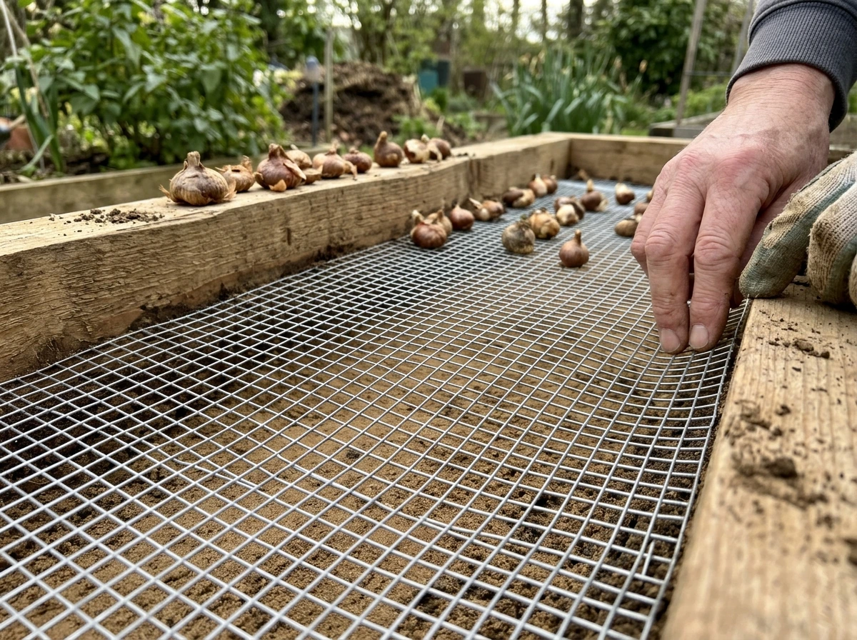 Hardware cloth wire mesh placed in the bottom of a saffron planting trench