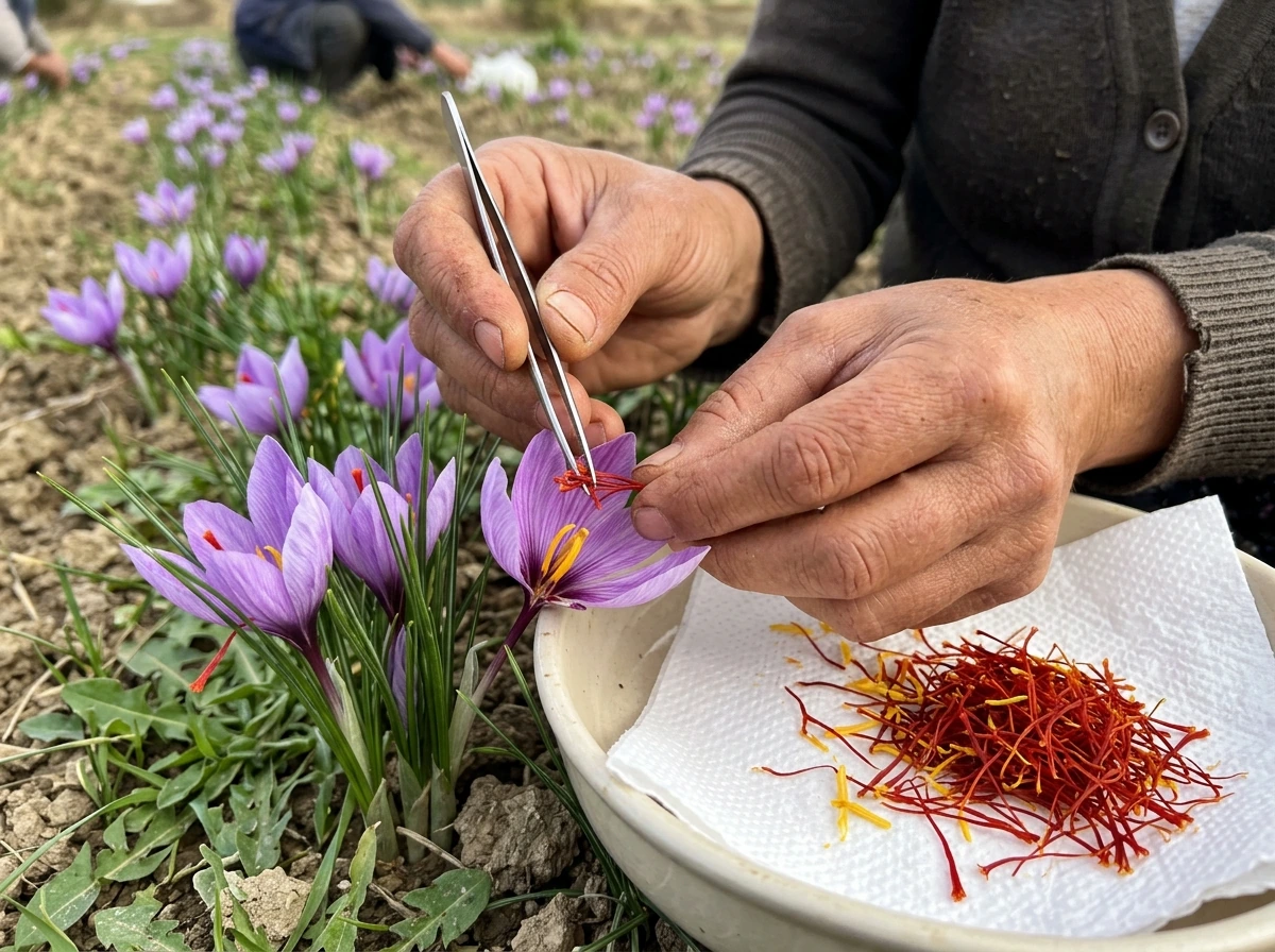 Tweezers separating three saffron stigmas from an opened crocus flower onto paper towel