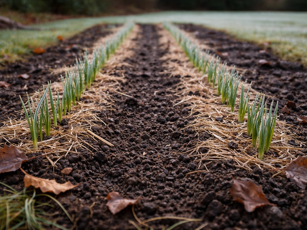Garden bed in Minnesota with emerging saffron green shoots and slight frost on fall foliage.