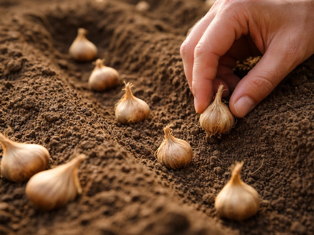 Gardener’s hand placing papery saffron corms into shallow soil, close-up showing plant corms not seeds.
