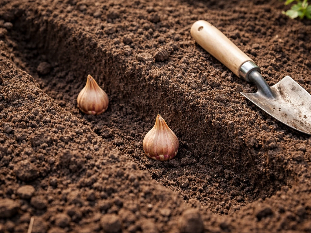Garden bed soil trench with corms placed 3–4 inches deep and spaced apart, pointed ends up.
