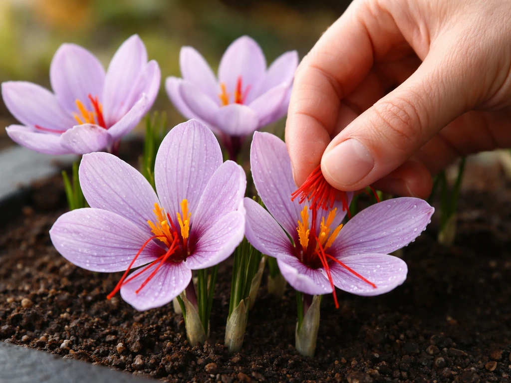October saffron crocus flowers with vivid red stigmas on a dark surface, with a hand gently harvesting.