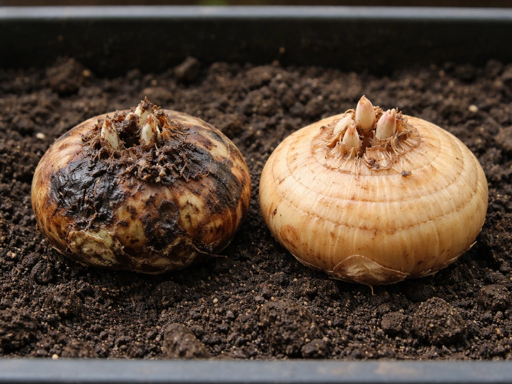 Side-by-side corms in damp soil showing dark, rotted areas beside healthier pale corms.