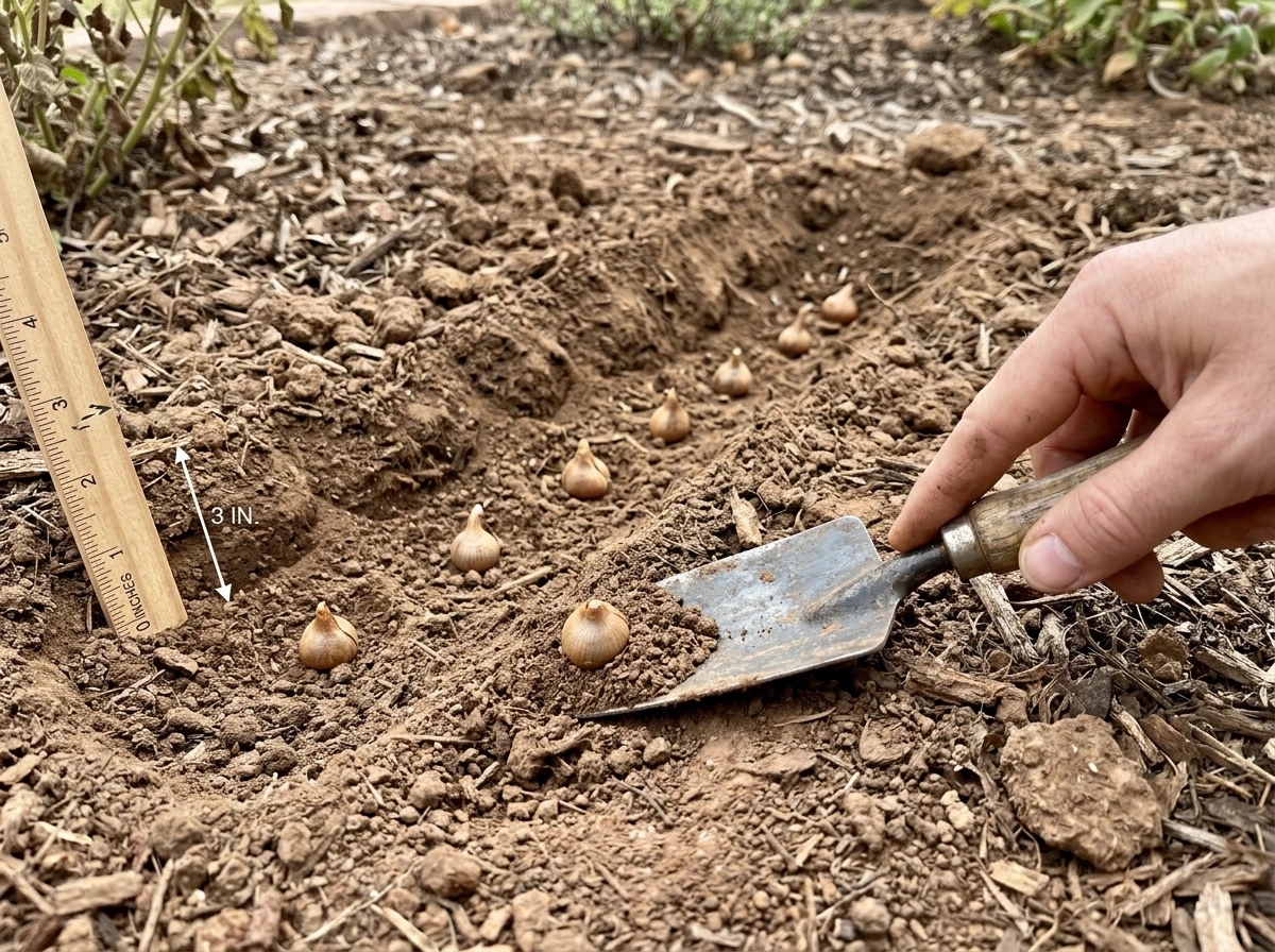 Crocus corms being placed in well-draining soil at planting depth