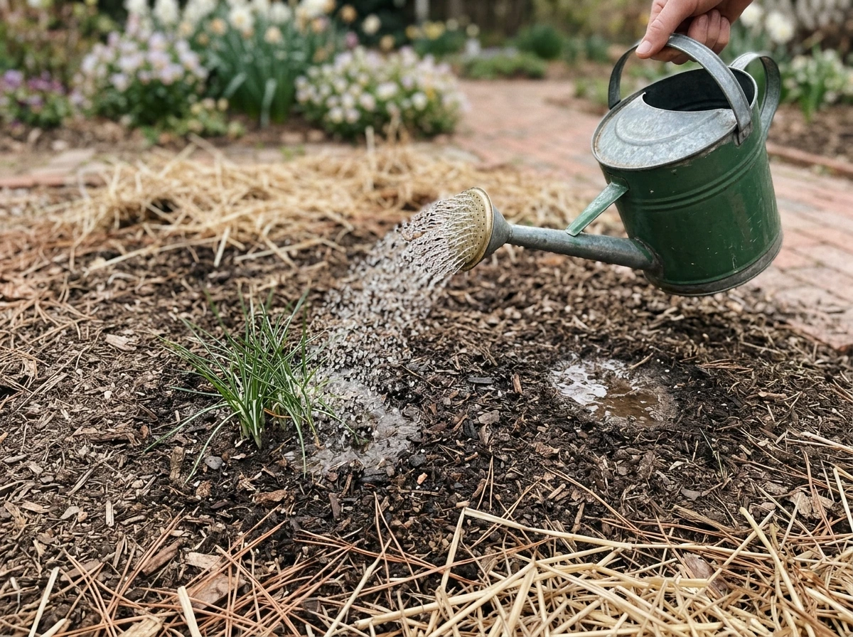 Light watering of newly planted saffron bed without saturating