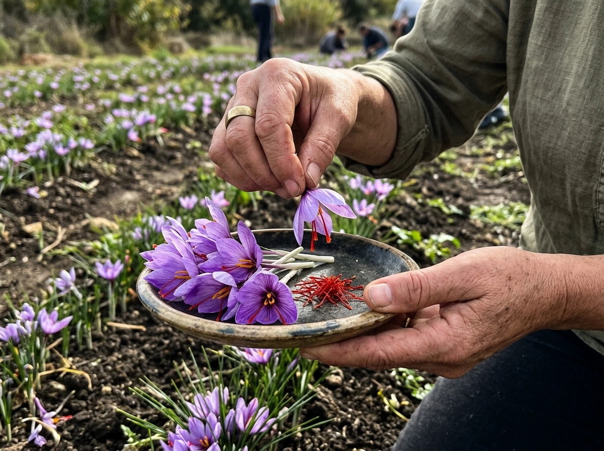 Picking saffron crocus blooms and pinching out red stigmas