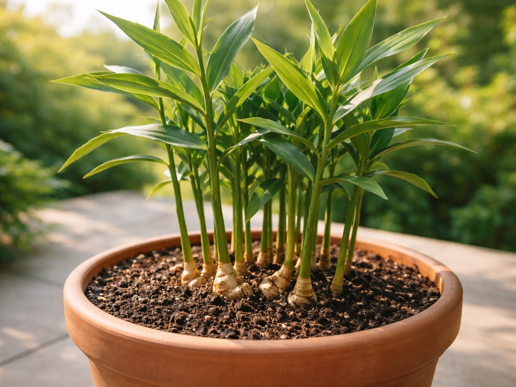 Lush ginger plant growing in a large container, with leafy shoots and visible rhizome texture in an Oregon-like setting.
