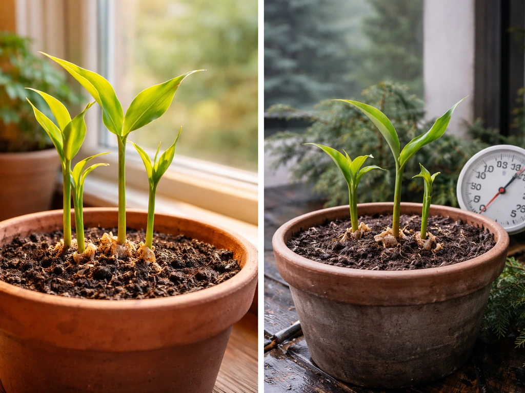 Side-by-side warm indoor ginger sprout and cooler outdoor container showing ginger’s growth limits in Oregon.