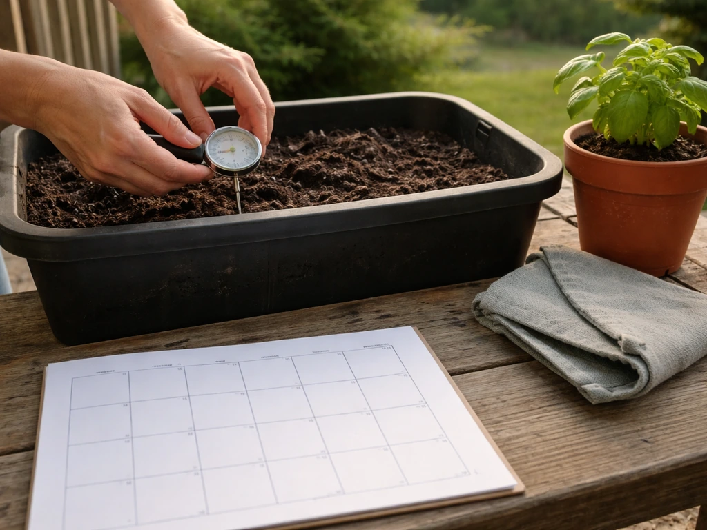Hand adjusting a soil thermometer near potting soil beside a simple indoor-to-outdoor plant move calendar.
