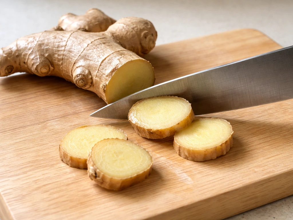 Close-up of a ginger rhizome on a wooden cutting board being cut into pieces with a knife.