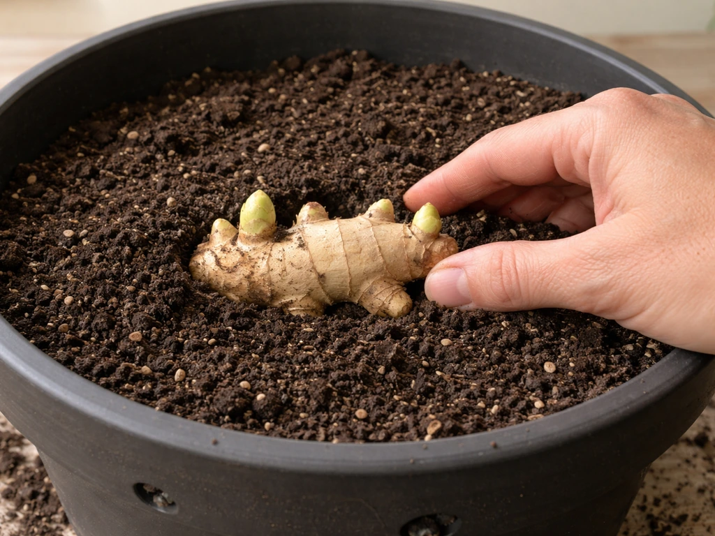 Ginger rhizome planted in a deep potting mix, buds facing up about 2 inches deep.
