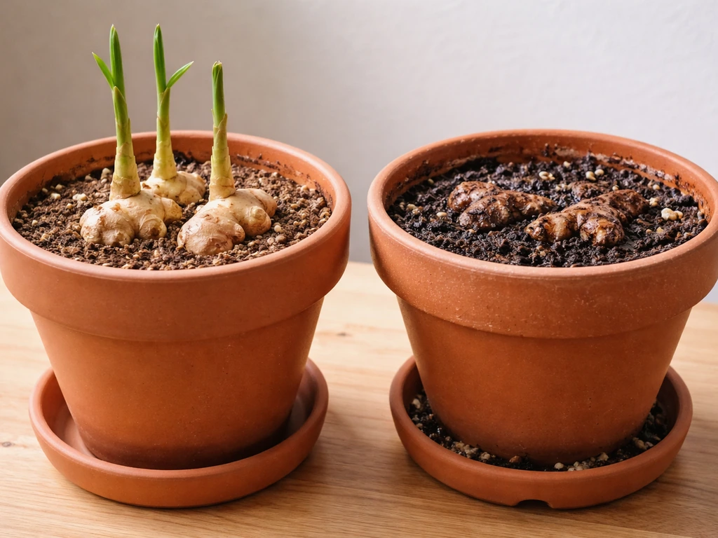 Side-by-side ginger pots: firm healthy rhizome in one, dark mushy rot risk rhizome in the other.