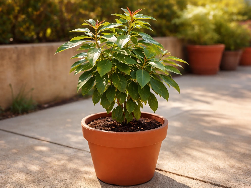 Healthy potted cinnamon plant on a sunny Texas patio/backyard in warm light