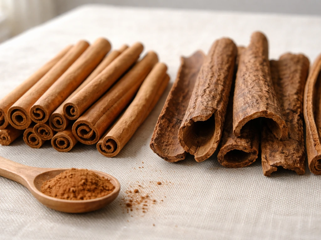 Fresh cinnamon bark samples: Ceylon cinnamon curled thin layers beside thicker cassia bark pieces.