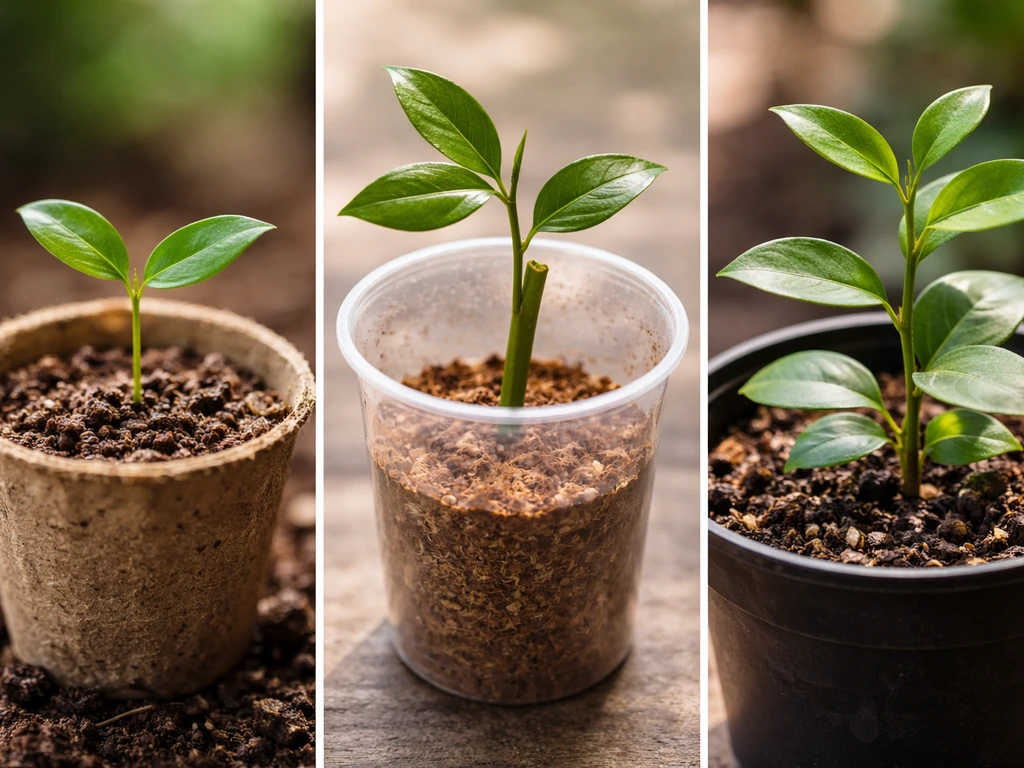 Three close-up views: cinnamon seedling, rooting semi-hardwood cutting in rooting medium, and a healthy nursery start in