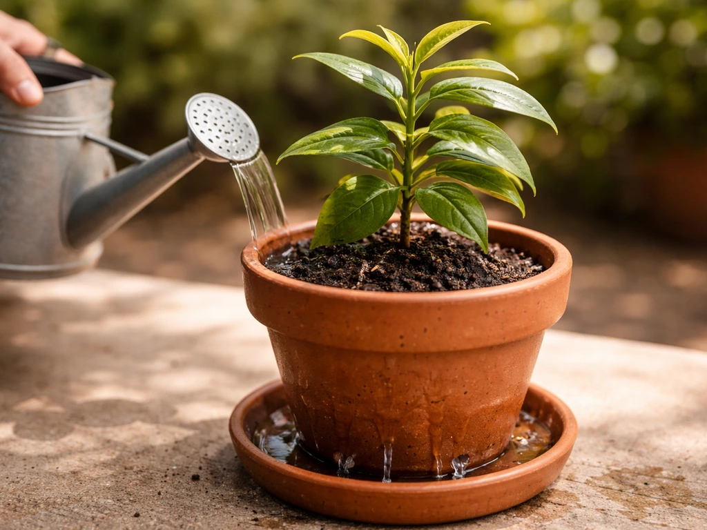 Hand watering a potted cinnamon plant until soil is evenly wet, then water draining away