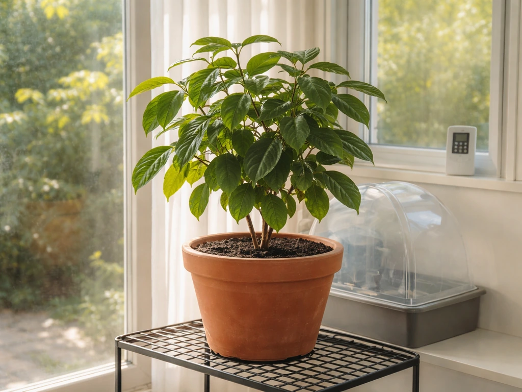 Cinnamon plant in a large pot overwintering in a bright sunroom with sunlight and controlled-environment feel.